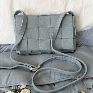 Woven Leather Crossbody Bag - Light Blue